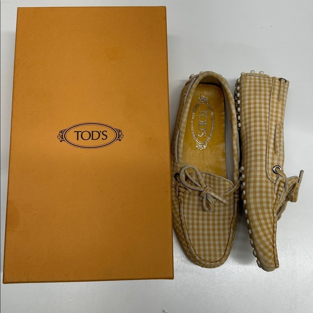 Tod's Driving Loafers Shoes Suede Shoe Plaid Yellow Cream Women's IT 35.5 US 5.5